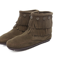 MINNETONKA 迷你唐卡 Double Fringe Side Zip 女士双层流苏低筒靴 军绿色
