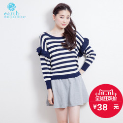 earth music&ecology 森女系时尚条纹花边套头针织衫 