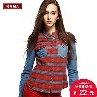 天猫双11特价预告：KAMA 卡玛 冬季女士牛仔拼接时尚百搭修身长袖休闲衬衫 