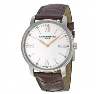 BAUME & MERCIER 名士 Classima系列 MOA10144 男士石英手表 42mm 银盘 棕色皮革带 圆形