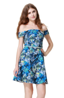 凑单品：MISS SELFRIDGE 蓝色印花露肩A字连衣裙