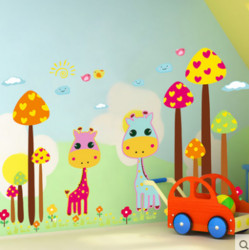 儿童房卡通墙纸背景墙画 可爱长颈鹿