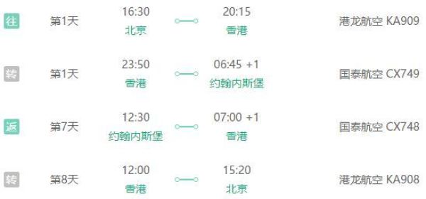北京往返南非约翰内斯堡8天含税机票 国泰/港龙执飞