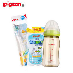 pigeon 贝亲 AA74 宽口径PPSU奶瓶 240ml+清洗剂600ml+奶瓶刷