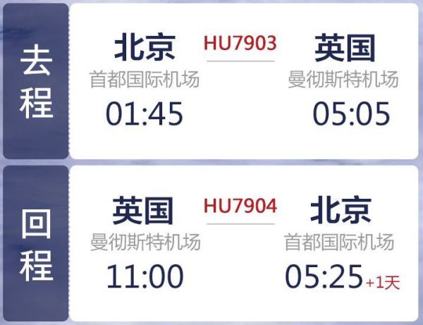 北京-曼彻斯特9日往返含税机票