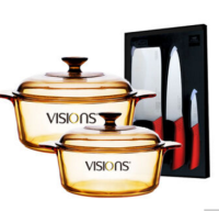 限金钻会员：VISIONS 晶彩透明锅 康宁 耐热玻璃汤锅套装 VS2.25L+VS1.25L+刀具*3套