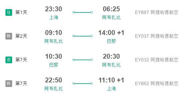 上海-巴黎 8天往返含税机票（阿布扎比中转）