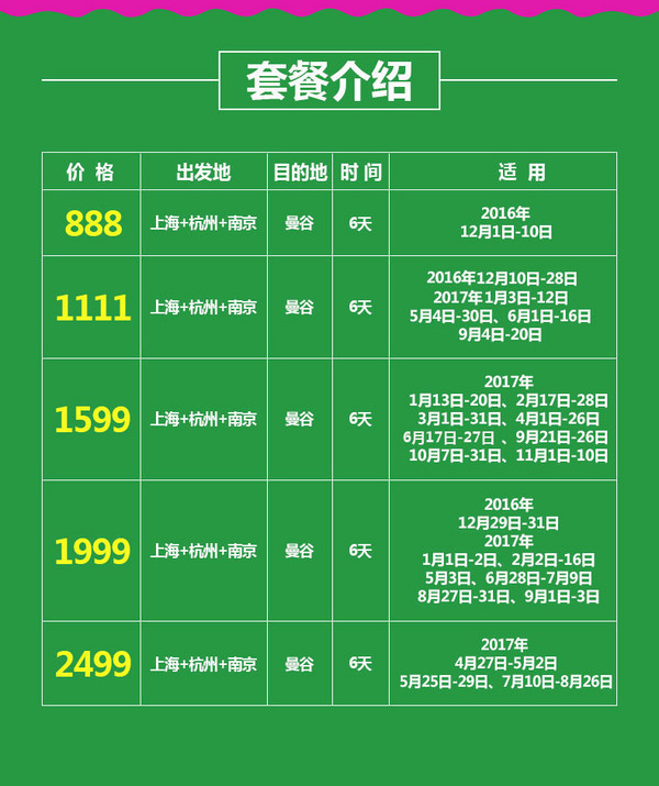 双11产品：上海/南京/杭州-泰国曼谷6日往返含税机票