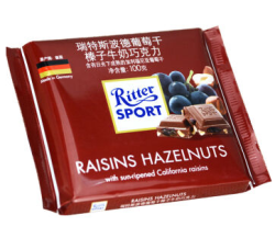 京东PLUS会员: Ritter SPORT 瑞特斯波德 葡萄干榛子牛奶巧克力 100g/包 *5件