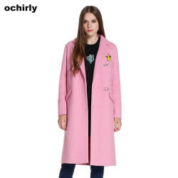 ochirly 欧时力 1YY3345920 刺绣翻领毛呢长款外套