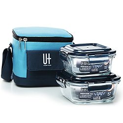 U+ 悠佳 韩元素蓝色耐热玻璃饭盒 冰箱收纳碗2套装500+750ml送精致包包