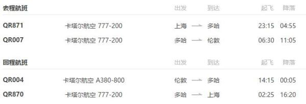 上海-英国伦敦3-30日往返含税机票(卡塔尔航空执飞)