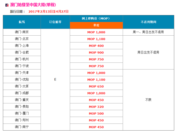 澳门航空限时促销 国内15城至澳门