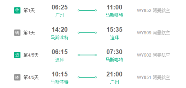 广州-迪拜 4/5天往返含税机票