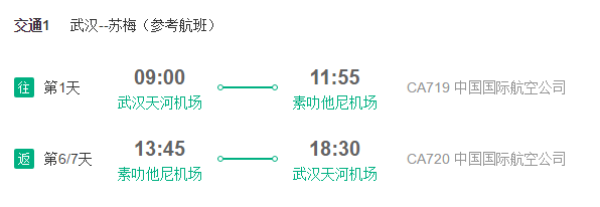 武汉-素叻他尼（苏梅岛） 5/6天自由行（往返含税机票+星级酒店+车船联运票）