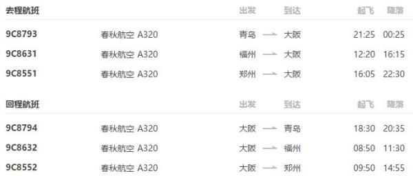 青岛/福州/郑州-大阪6天往返含税机票