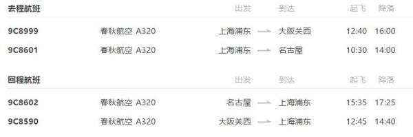 上海-名古屋+大阪6-8日往返含税机票