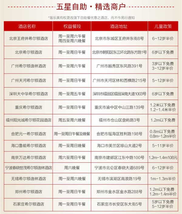 全国14家五星级希尔顿酒店 双人自助餐