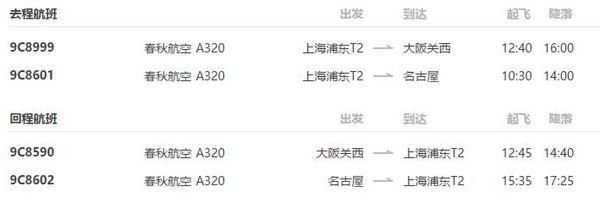 特价机票：春秋航空 上海-名古屋+大阪8日往返含税