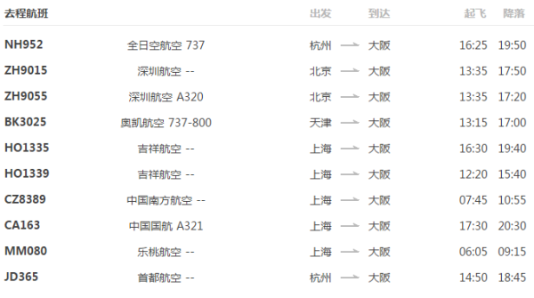 特价机票:上海/杭州/北京/天津-日本大阪 5天往返含税(送wifi)