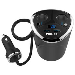 飞利浦（PHILIPS）车载充电器车充杯/点烟器一拖二 DLP2029 双USB输出 电压监测 独立开关 黑色 *2件