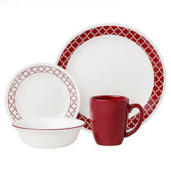 Corelle 康宁餐具 Crimson Trellis 深红色格子系列 陶瓷餐具套装 16件套