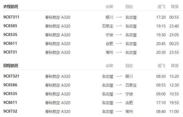 春秋航空 全国多地-日本名古屋6-7天往返特价机票