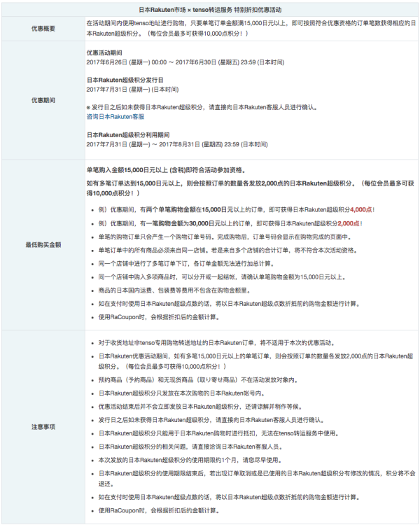 tenso转运 x 日本Rakuten 单笔购物满15000日元