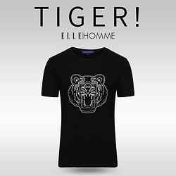 ELLE HOMME男装短袖T恤男2017夏款男士半袖虎头刺绣印花圆领T恤衫