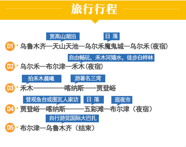 乌鲁木齐出发：新疆 北疆5日包车游（不含住宿）