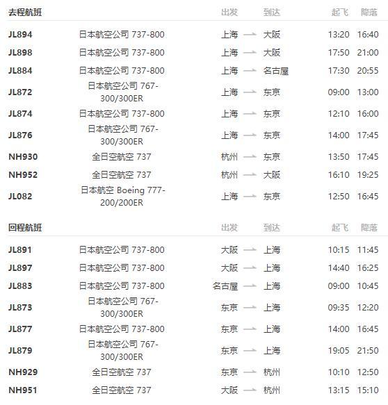 特价机票：全日空/日本航空 上海/杭州-日本东京大阪名古屋往返