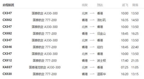 国泰航空 北京往返美国洛杉矶/纽约/波士顿/温哥华含税