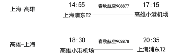 春秋航空 上海-台北/高雄单程含税