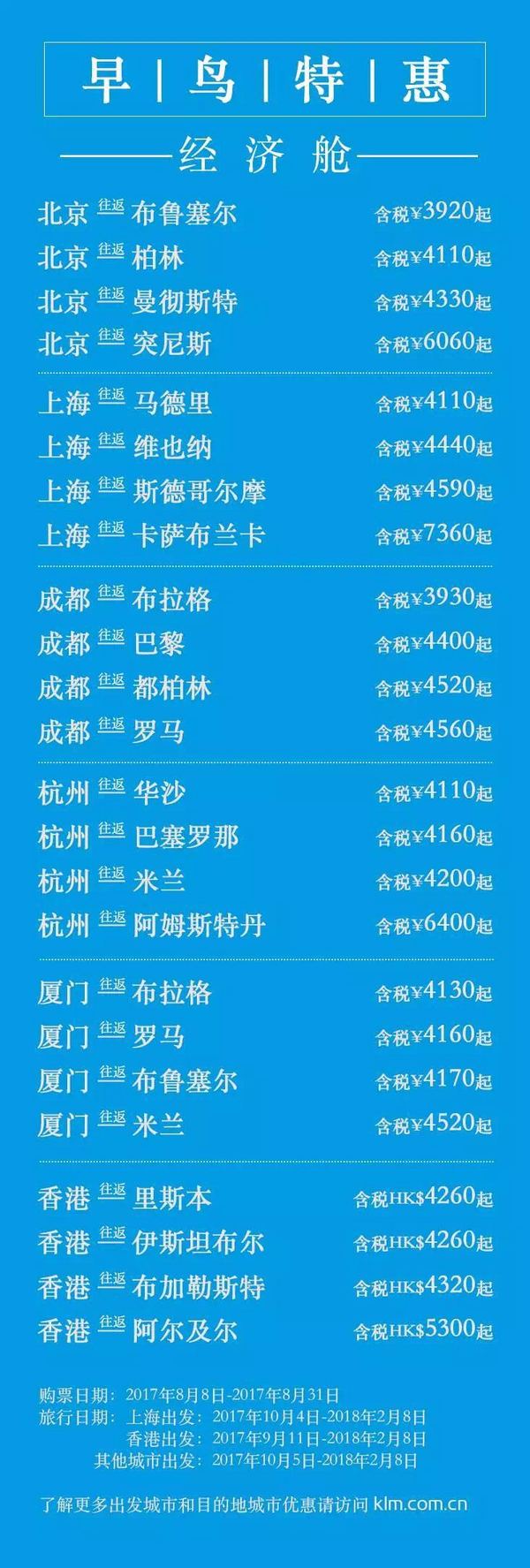 最后十天：法/荷航 全国多地往返欧洲/中东/非洲