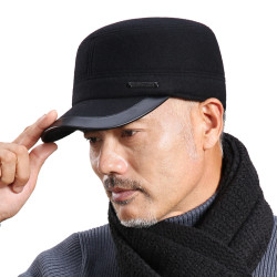 男士羊毛护耳平顶鸭舌帽