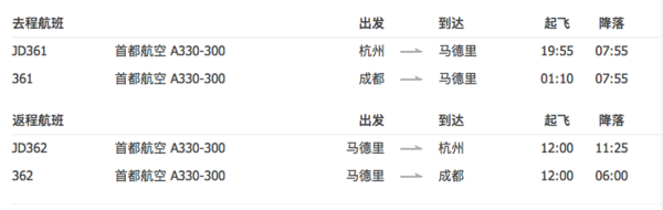 首都航空 杭州/成都-马德里往返含税