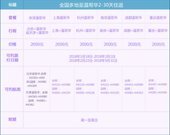 含节假日 全国多地-加拿大温哥华2-30天往返含税机票