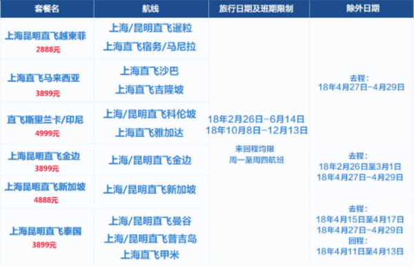 东方航空 上海/昆明直飞东南亚多地2-15天公务舱往返含税