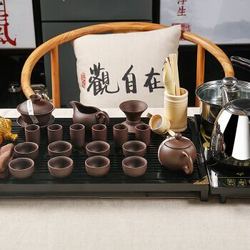 金镶玉 功夫茶具套装 幽雅紫砂 柯木实木茶盘茶具茶壶茶杯泡茶炉整套