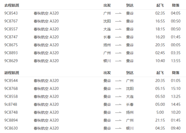 特价机票:全国多地-泰国曼谷6-8天往返含税机票