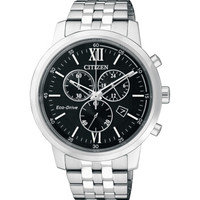 西铁城(CITIZEN)手表 光动能间金色三眼计时钢带男表AT2304-50E 42mm 不锈钢 黑色 银色