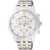 西铁城(CITIZEN)手表 光动能间金色三眼计时钢带男表AT2304-50E 42mm 不锈钢间金 白色 金色
