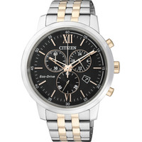 西铁城(CITIZEN)手表 光动能间金色三眼计时钢带男表AT2304-50E 42mm 不锈钢间金 黑色 金色