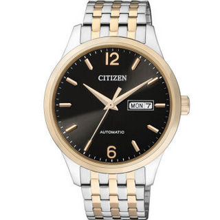 西铁城(CITIZEN)手表 时尚自动机械间金色黑盘双日历钢带男表NH7504-52EB