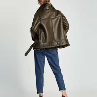 ZARA TRF系列 02969069505 女款仿皮翻领骑士外套