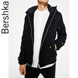 Bershka 男士 2017秋季新款外套呢绒连帽黑色夹克 06378405401