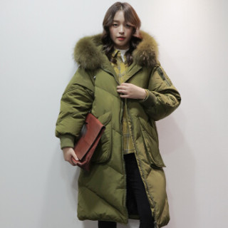 雅鹿 YS6101500 女士大毛领羽绒服 军绿色 L
