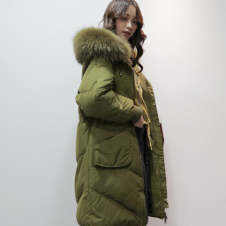雅鹿 YS6101500 女士大毛领羽绒服 军绿色 M