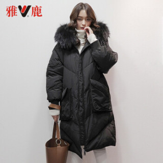 雅鹿 YS6101500 女士大毛领羽绒服 黑色 XXL