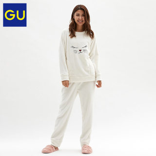 GU 极优 290406 猫脸 软糯珊瑚绒睡衣套装 XL 黑色
